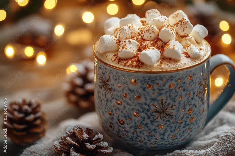 warm mug of hot cocoa topped with fluffy marshmallows glowing christmas lights twinkling softly in the background evoking a cozy holiday atmosphere warm mug of hot cocoa topped with fluffy marshmallows glowing christmas lights twinkling softly in the background evoking a cozy holiday atmosphere