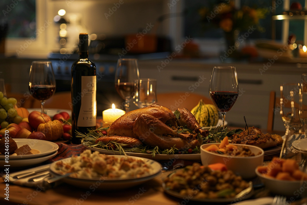 Beautiful thanksgiving dinner settings, holiday festive atmosphere dinner family gathering, generative ai image Beautiful thanksgiving dinner settings, holiday festive atmosphere dinner family gathering, generative ai image