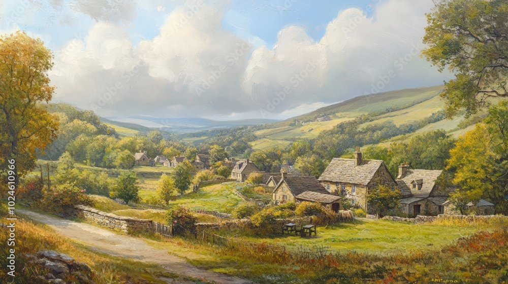 Stone houses nestled in green valley. Stone houses nestled in green valley.