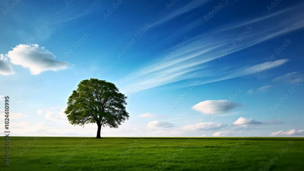 A tree stands in a field of grass with a clear blue sky above. A tree stands in a field of grass with a clear blue sky above.