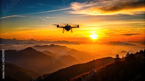 Silhouette sunset in mountains with professional drone