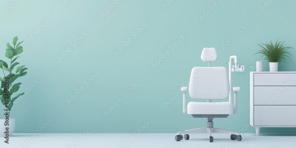 Modern dental office interior featuring a stylish chair, calming green wall, and minimalist decor for a relaxing atmosphere. Modern dental office interior featuring a stylish chair, calming green wall, and minimalist decor for a relaxing atmosphere.
