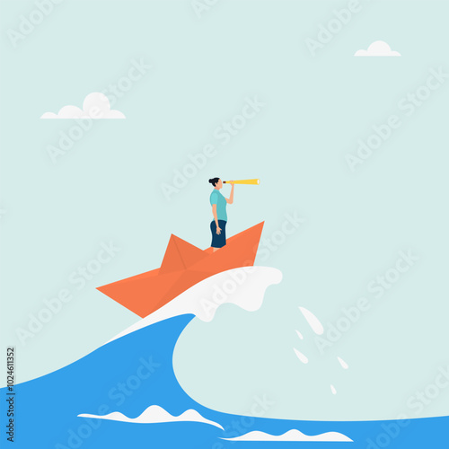 Character surfing the sea waves on a paper boat. Deal with crises with patience and foresight. Vector illustration.