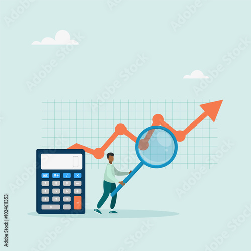 Financial income management. Graph analysis. The character calculates and analyzes financial statements. Vector illustration.
