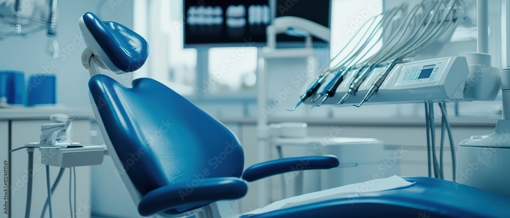Modern dental clinic interior featuring a blue dental chair, sleek equipment, and calming atmosphere. Modern dental clinic interior featuring a blue dental chair, sleek equipment, and calming atmosphere.