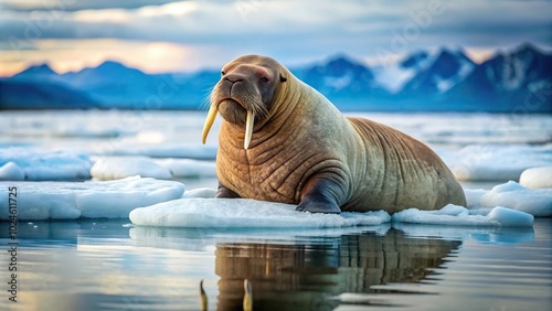 Silhouette walrus lying on melting sea ice in Billefjord, Spitsbergen photo