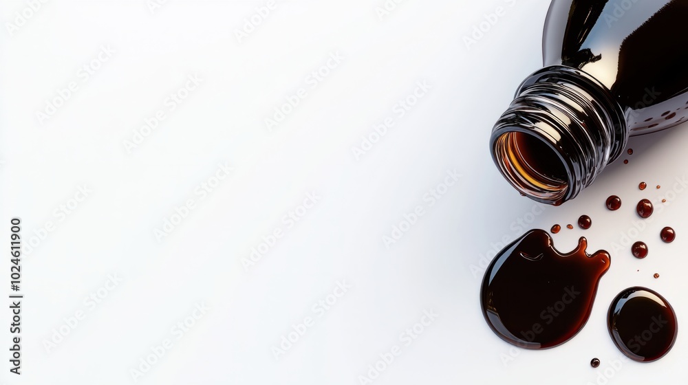Soy sauce dripping from a bottle, spilling onto a white background, with the bottle slightly tilted. Soy sauce dripping from a bottle, spilling onto a white background, with the bottle slightly tilted.