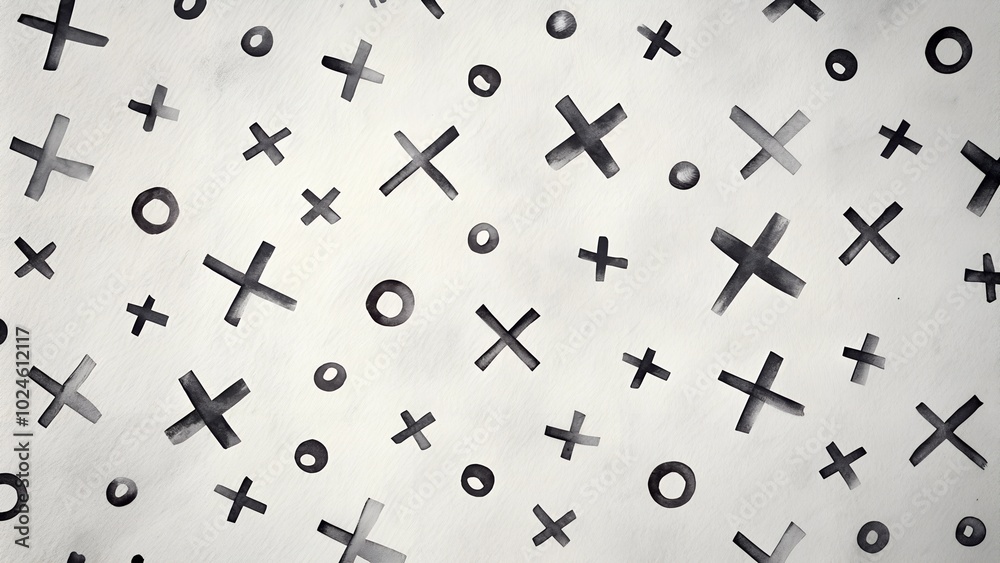 Hand-painted monochrome pattern of Xs and Os on a textured background Hand-painted monochrome pattern of Xs and Os on a textured background