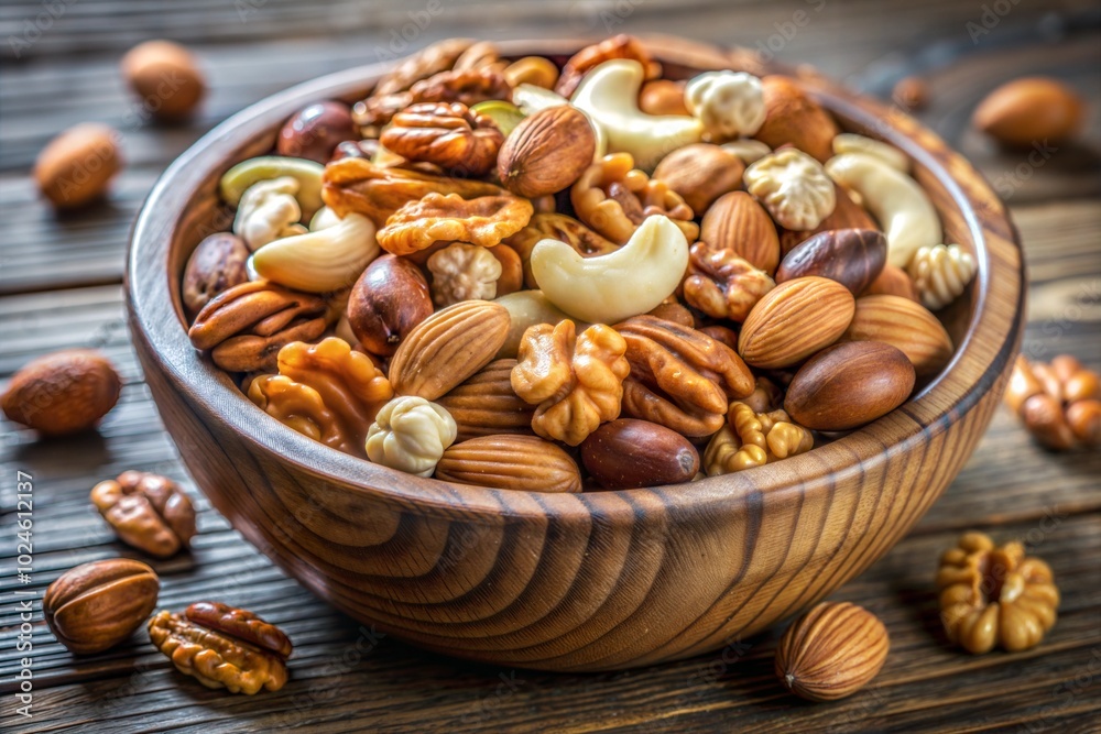 Wooden bowl filled with almonds cashews and walnuts classic healthy snack Wooden bowl filled with almonds cashews and walnuts classic healthy snack