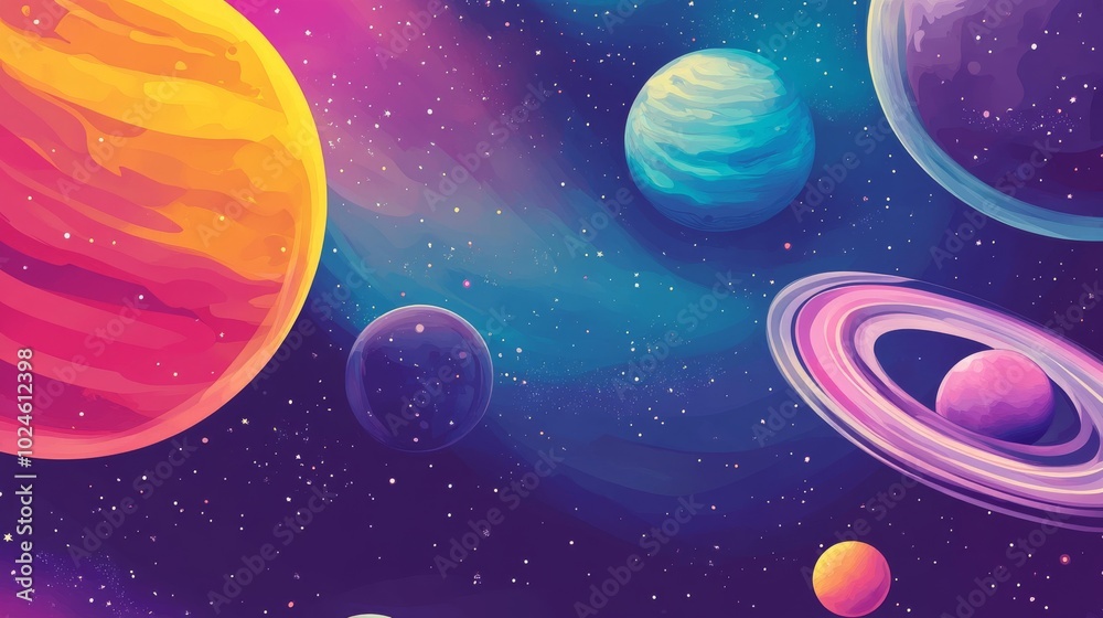 Wallpaper with space with colorful planets. A futuristic landscape. The spaceship. hand-drawn. picture is drawn with colored pencils. Background for postcard or invitation. Backdrop with copy space. Wallpaper with space with colorful planets. A futuristic landscape. The spaceship. hand-drawn. picture is drawn with colored pencils. Background for postcard or invitation. Backdrop with copy space.