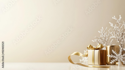 Elegant golden gift box with ribbon and white frosty decorations on a minimalist beige background for festive celebrations