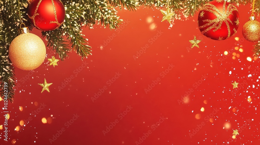 Festive Christmas Ornaments and Lights on a Red Background Festive Christmas Ornaments and Lights on a Red Background