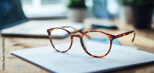 Close-up of stylish eyeglasses on a desk with papers and office supplies, highlighting modern workspace and vision care concepts.