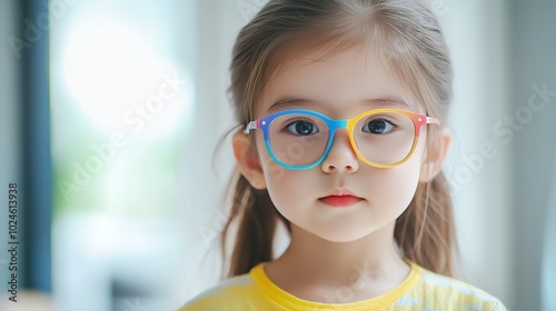 Portrait of a young girl with colorful glasses. She has an innocent expression and is wearing a yellow shirt. Bright background.