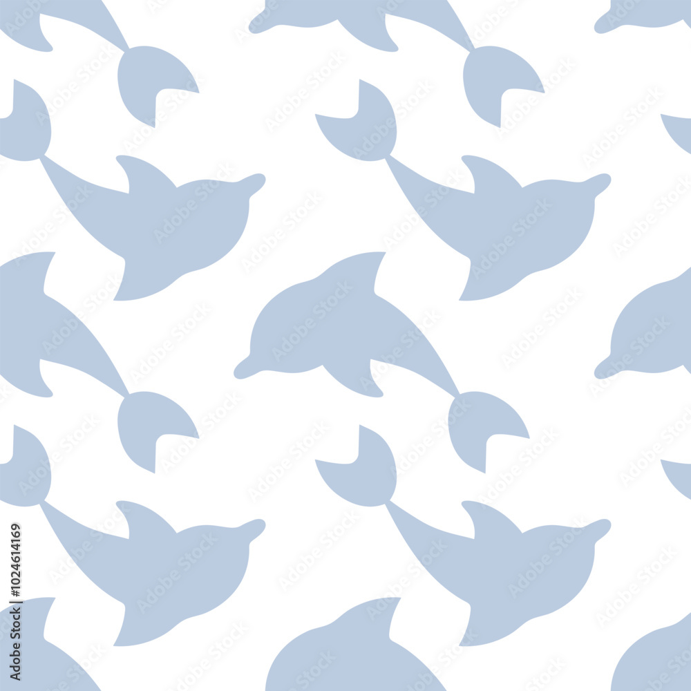 Dolphin emerges from water. Reflection. Blue sea mammal. Repeating vector pattern. Seamless ornament of sea mammals. Isolated colorless background. Flat style. Ocean inhabitant with fins and tail. Dolphin emerges from water. Reflection. Blue sea mammal. Repeating vector pattern. Seamless ornament of sea mammals. Isolated colorless background. Flat style. Ocean inhabitant with fins and tail.