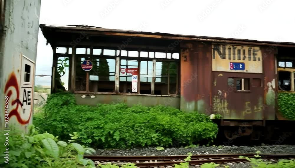 A quiet, dilapidated train station with a rusted train slowly pulling in, surrounded by overgrown plants and fading graffiti on the walls.
A quiet, dilapidated train station with a rusted train slowly pulling in, surrounded by overgrown plants and fading graffiti on the walls.