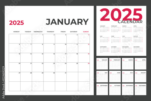 Calendar Template for 2025 Year with Monday Start