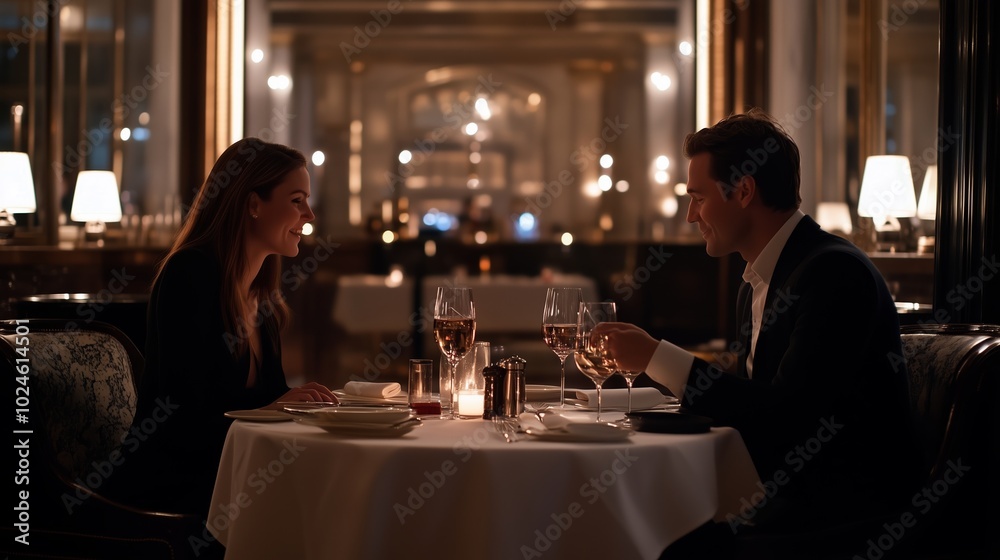 A couple enjoys an intimate dinner at a fine dining restaurant with elegant decor and soft lighting in the evening A couple enjoys an intimate dinner at a fine dining restaurant with elegant decor and soft lighting in the evening