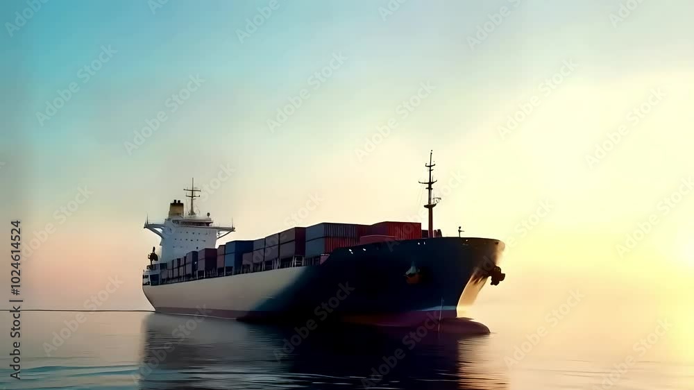 A massive cargo ship silently moving across calm ocean waters at dawn, with the first rays of sunlight reflecting off its hull.
A massive cargo ship silently moving across calm ocean waters at dawn, with the first rays of sunlight reflecting off its hull.