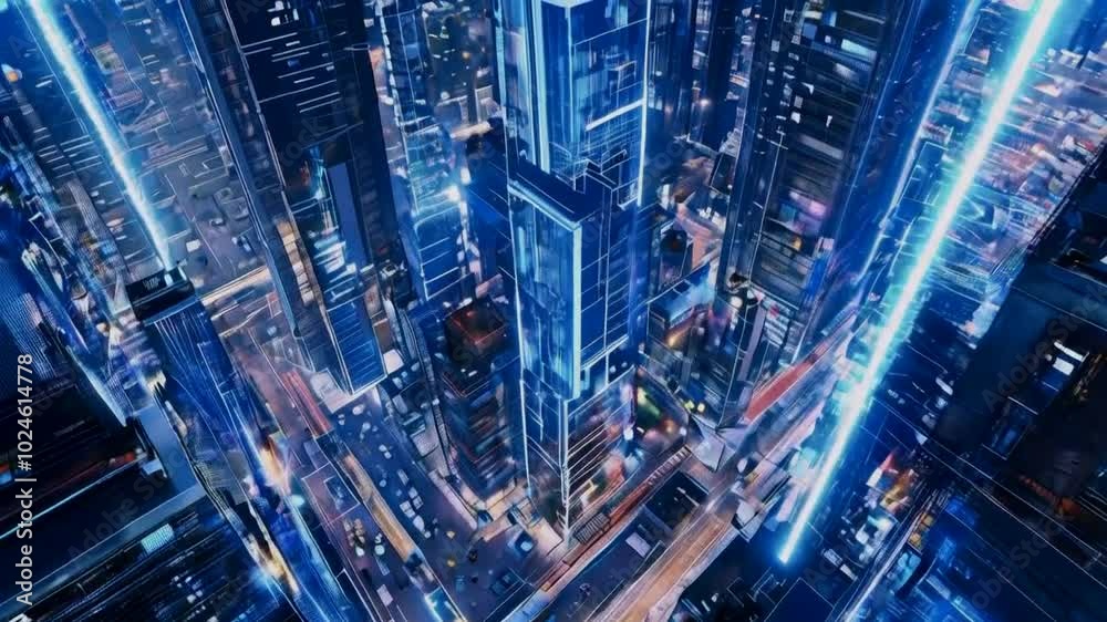 Aerial view of a futuristic cityscape illuminated by neon lights at night. Aerial view of a futuristic cityscape illuminated by neon lights at night.