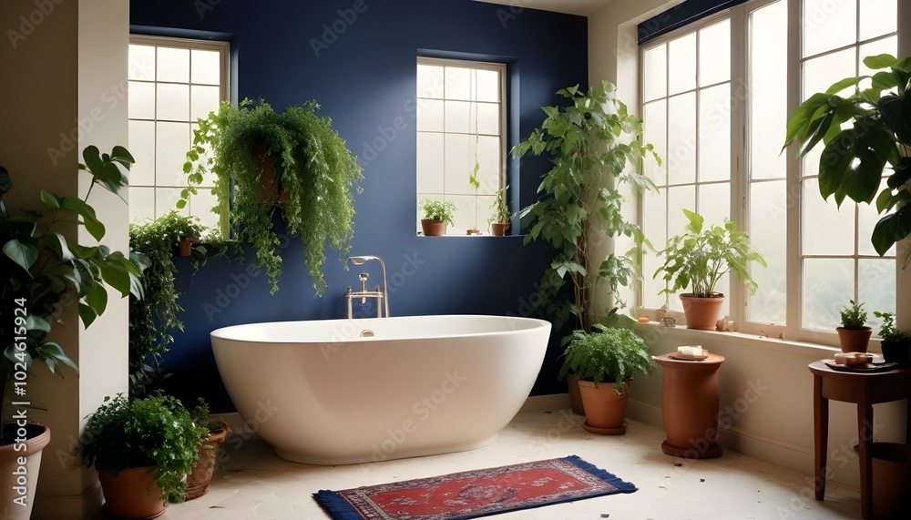 A peaceful bathroom showcasing a classic clawfoot freestanding tub, vibrant green houseplants on the windowsill, a plush gray rug on the marble floor, with warm morning light filling the room.
