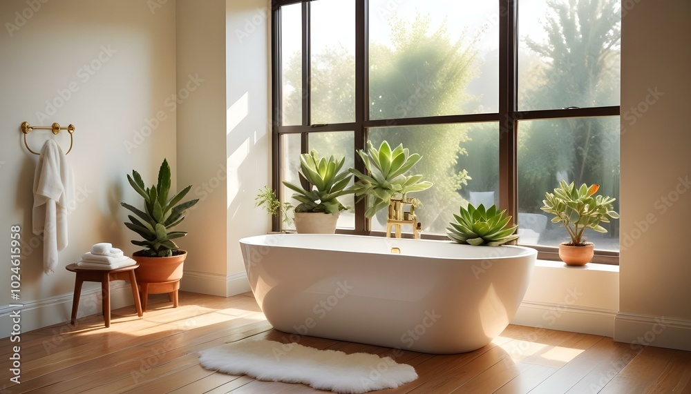 A peaceful bathroom showcasing a classic clawfoot freestanding tub, vibrant green houseplants on the windowsill, a plush gray rug on the marble floor, with warm morning light filling the room. A peaceful bathroom showcasing a classic clawfoot freestanding tub, vibrant green houseplants on the windowsill, a plush gray rug on the marble floor, with warm morning light filling the room.