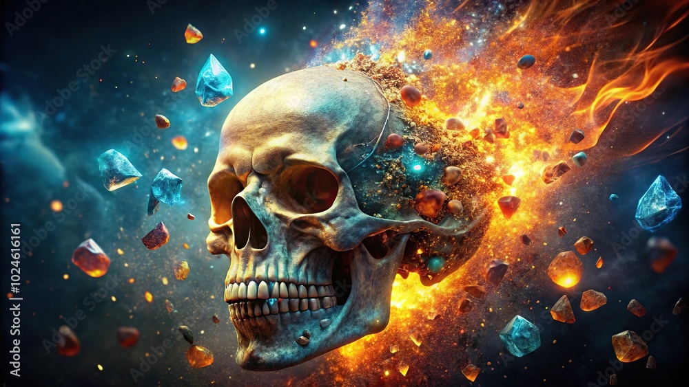 Skull on fire transforming into gemstones Skull on fire transforming into gemstones
