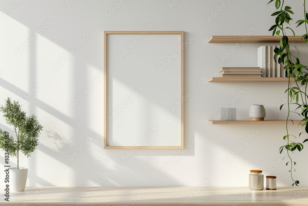 Minimalist home office interior with blank canvas frame mockup on the wall Minimalist home office interior with blank canvas frame mockup on the wall
