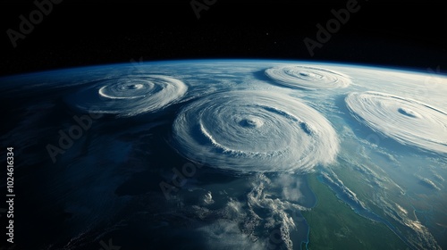 Satellite view of multiple cyclones over the ocean, dark atmosphere, dramatic weather patterns. photo