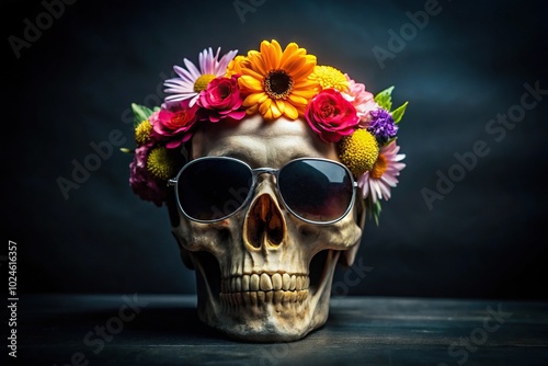 Skull wearing sunglasses and flowers reflection