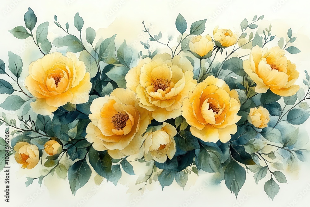 Obraz premium watercolorstyle bouquet illustration featuring soft yellow and green tones peonies mixed with delicate leaves and branches creating a gentle artistic floral display against a white background