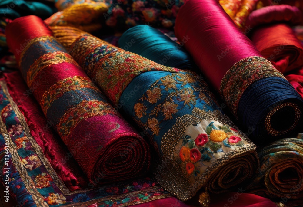 exquisite close display vibrant fabric textures intricate patterns showcasing bright colors rich designs, textile, detailing, swatches, material, visuals exquisite close display vibrant fabric textures intricate patterns showcasing bright colors rich designs, textile, detailing, swatches, material, visuals