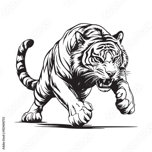 Tiger running aggressive hunting and attacking predator image vector isolated on white background.