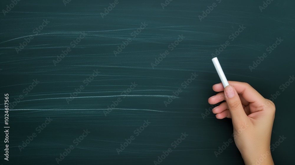 Female teacher hand writing on blank chalkboard banner background copy space. School education image backdrop empty. Green blackboard concept composition front view, copyspace Female teacher hand writing on blank chalkboard banner background copy space. School education image backdrop empty. Green blackboard concept composition front view, copyspace