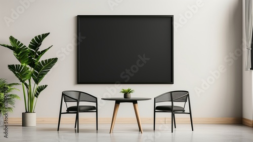 Mockup blackboard hanging in office hall. Black chalkboard over coffee table with chairs template advertising image. Commercial company infoboard mock up product photorealistic photo