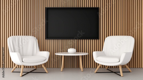 Screen mockup with coffee table and armchairs in living room. Blackboard hanging in office hall template advertising image. Information display mock up product photorealistic