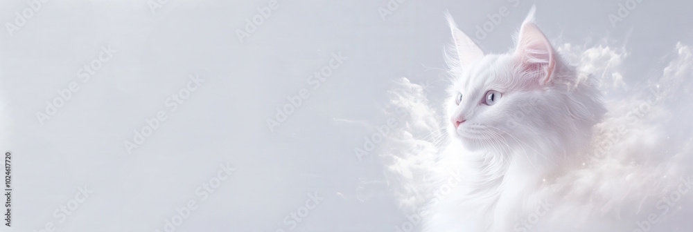Ethereal white cat with gentle fur colors surrounded by soft clouds Ethereal white cat with gentle fur colors surrounded by soft clouds