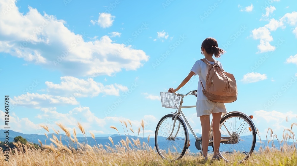 A young woman stands beside her bicycle in a grassy field under a bright blue sky, enjoying a serene moment in nature during the day A young woman stands beside her bicycle in a grassy field under a bright blue sky, enjoying a serene moment in nature during the day