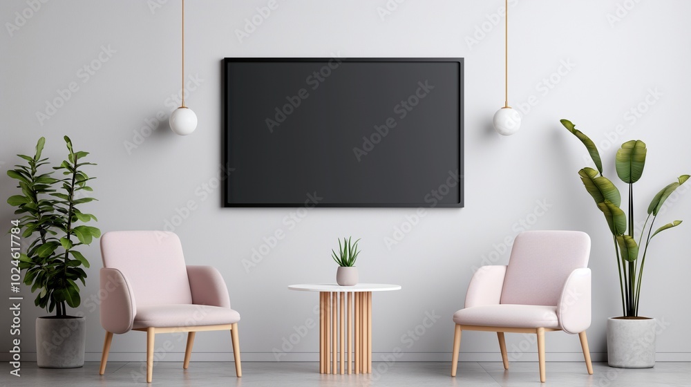 Fototapeta premium Office hall arrangement with blackboard mockup. Empty screen hanging in waiting hall template advertising image. Corporate place to rest with chalkboard mock up product photorealistic
