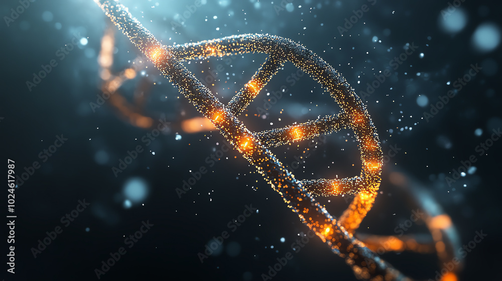 A close-up view of a glowing DNA double helix structure, showcasing intricate details and a vibrant, sparkling appearance against a dark background. A close-up view of a glowing DNA double helix structure, showcasing intricate details and a vibrant, sparkling appearance against a dark background.