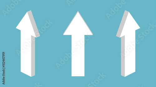 Three white 3d arrows in different positions pointing up on a blue background