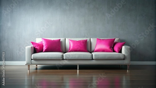 Sleek couch with stylish pillow on pink background in wide-angle view