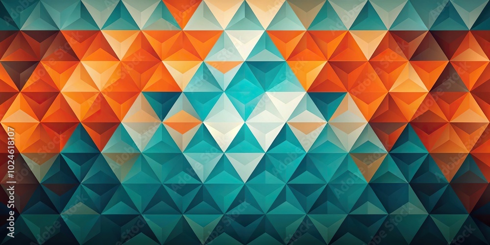 Sleek geometric abstract art with triangles in teal, orange, and burnt orange shades at eye level Sleek geometric abstract art with triangles in teal, orange, and burnt orange shades at eye level