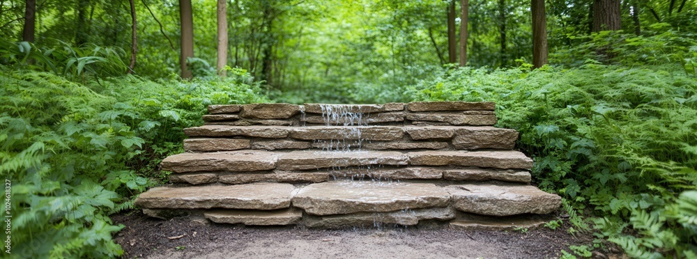 Tranquil forest stone fountain with flowing water amidst lush greenery Tranquil forest stone fountain with flowing water amidst lush greenery