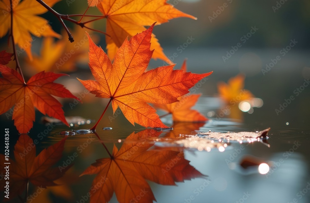 Autumn leaves close up with drops after, floating on the river Autumn leaves close up with drops after, floating on the river