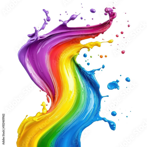 Vibrant paint explosion creating colorful rainbow wave, showcasing energetic splashes and dynamic movement. This artwork captures essence of creativity and joy