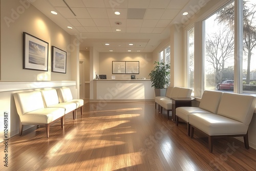 welcoming hospital waiting room with a reception counter thoughtfully designed for patient comfort featuring soothing colors comfortable seating and accessible information displays