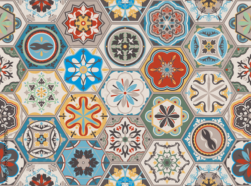 Vector seamless texture. Beautiful mega patchwork pattern for design and fashion with decorative elements in hexagon. Portuguese tiles, Azulejo, Moroccan ornaments