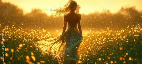 Woman in Flowing Dress Walking Through a Field of Golden Flowers at Sunset