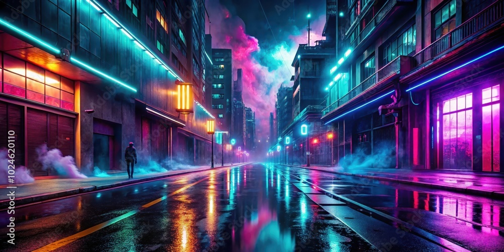 A lone figure walks through a neon-lit city street, the wet pavement reflecting the vibrant colors of the buildings and the misty sky A lone figure walks through a neon-lit city street, the wet pavement reflecting the vibrant colors of the buildings and the misty sky